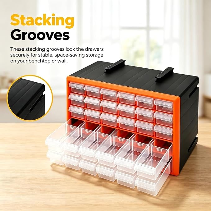 Goaste 30 Drawer Plastic Drawer Storage Cabinet, Stackable Wall Mount Small Parts Organizer, Clear Drawer Hardware Organizer with Removable Dividers for Crafts, Beads, Building Bricks, Garage, Office