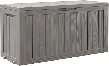 Outdoor Storage Box, 82 Gallon Resin Deck Boxes Outdoor Waterproof For Patio Furniture, Garden Tools, Pool Supplies, Lockable And UV Resistant (Striped Gray)