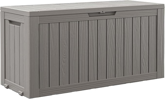 Outdoor Storage Box, 82 Gallon Resin Deck Boxes Outdoor Waterproof For Patio Furniture, Garden Tools, Pool Supplies, Lockable And UV Resistant (Striped Gray)