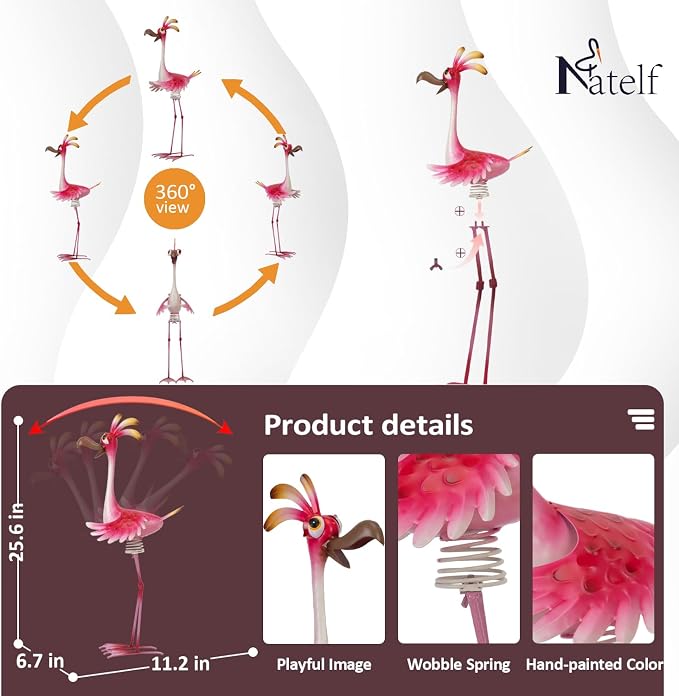 Natelf Outdoor Summer Flamingo Metal Garden Yard Art 25in | Weatherproof, Rustproof, Large Outdoor Garden Statue, Spring-loaded, For Women Mom Grandma
