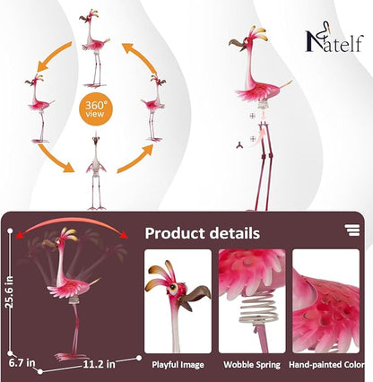 Natelf Outdoor Summer Flamingo Metal Garden Yard Art 25in | Weatherproof, Rustproof, Large Outdoor Garden Statue, Spring-loaded, For Women Mom Grandma