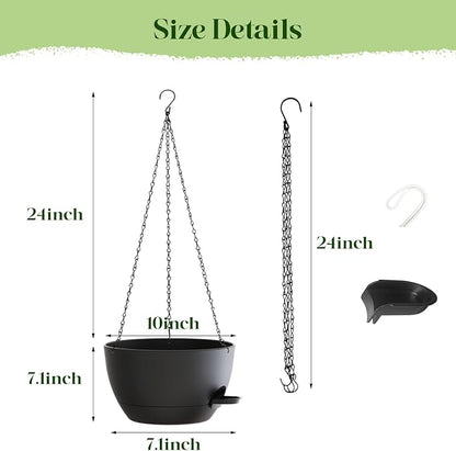 2 Pack 10 Inch Self Watering Hanging Planters for Indoor Plants, Large Black Plastic Hanging Pots with Chains for Outdoor Patio Garden Home Decor (Black)