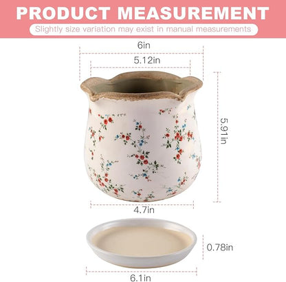 Ceramic-Planters-for-Indoor-Plants with Saucer, 6 inch Vintage Ice Crackle Glaze Plant Pots with Drainage Holes, Decorative Flower Pots for Outdoor Garden Home Decor, Tuscan Pot for Plant