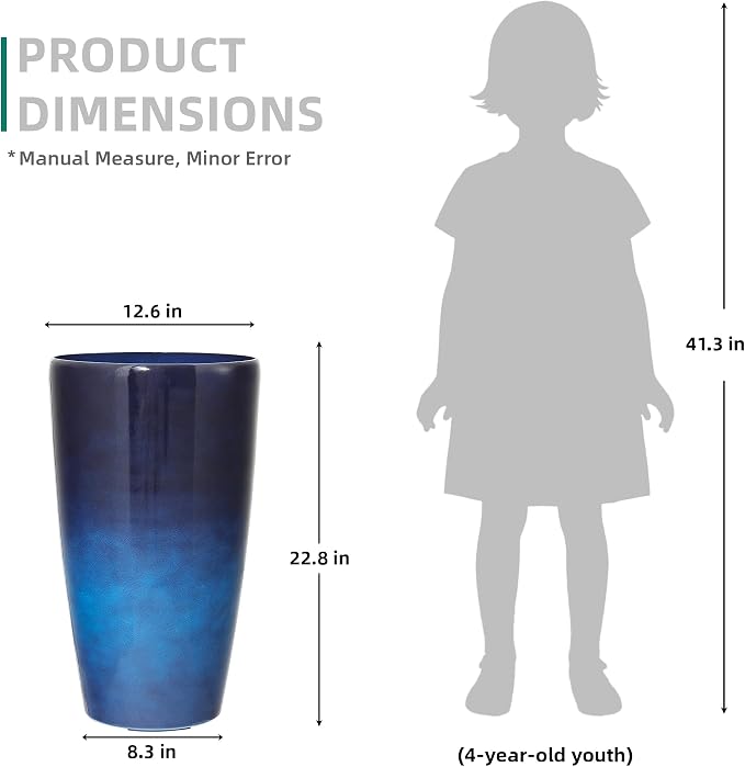 22.8" Gradient Blue Resin Tall Outdoor Planters with Drainage Holes | Set of 2 resin tall planters with deep gradient blue finish, drainage plugs, and UV-resistant surface for porch or patio