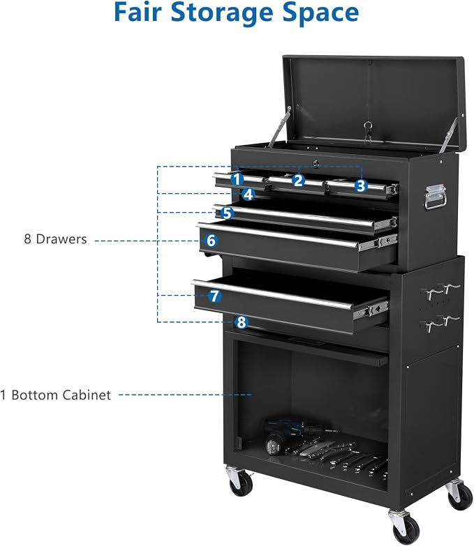 TUFFIOM 8-Drawer Rolling Tool Chest, Tool Storage Cabinet w/Lockable Wheels, Detachable Top, Drawers & Side Hooks, Mechanic Tool Organizer Box for Garage Warehouse Repair Shop