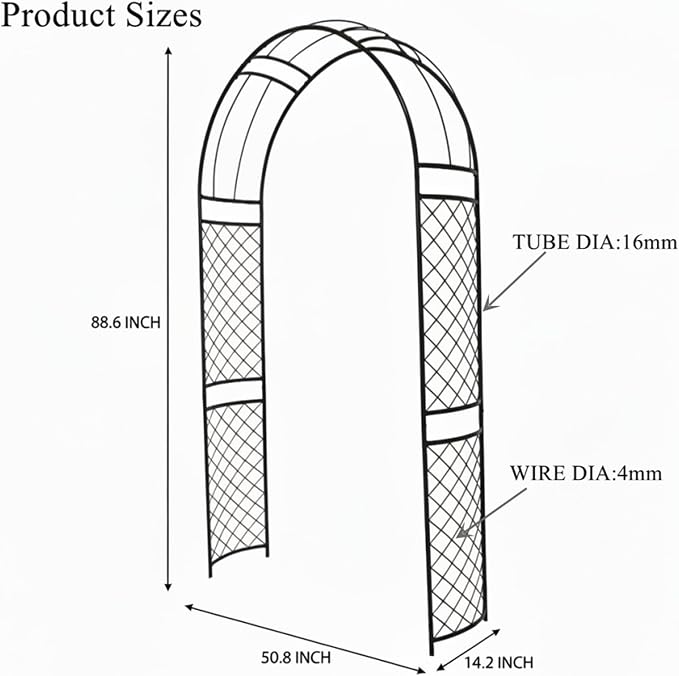 SCENDOR Metal Garden Arch with Lattice Side Panels 88.6" H x 50.8" W– Heavy-Duty Arbor for Climbing Roses, Vines, and Outdoor Patio, Lawn, Backyard, Wedding Decor (Black)