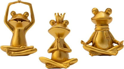 Gold Yoga Frog Figurines Set of 3 - Meditating Resin Zen Statues & Sculptures for Home, Office Desk, Shelf Decor - Cute Frog Lover Gifts for Women, Yoga Enthusiasts