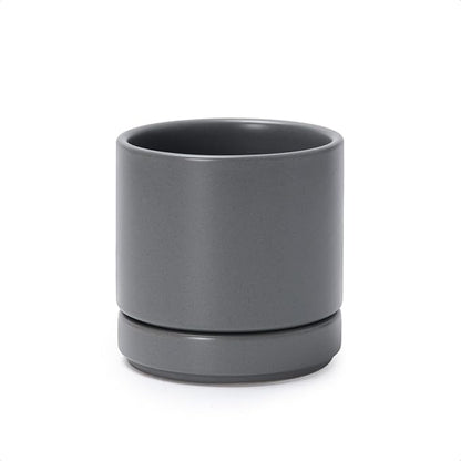 D'vine Dev 4.7 Inch Ceramic Planter Pot, Grey, 94-O-B-3 | Modern Cylinder Design, Drainage Hole & Saucer Included, Stable Structure, Elegant Home Accent