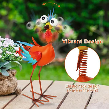 Metal Wacky Rooster Garden Statue for Patio, Backyard, Lawn | 17.9'' Rooster Decor, Yard Statue Decorations Outdoor, Chicken Yard Art, Orange & Cyan