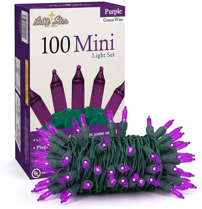 Brite Star 100 Count Mini String Christmas Lights, Purple - 22 feet Indoor/Outdoor Christmas Tree Lights with Green Wire