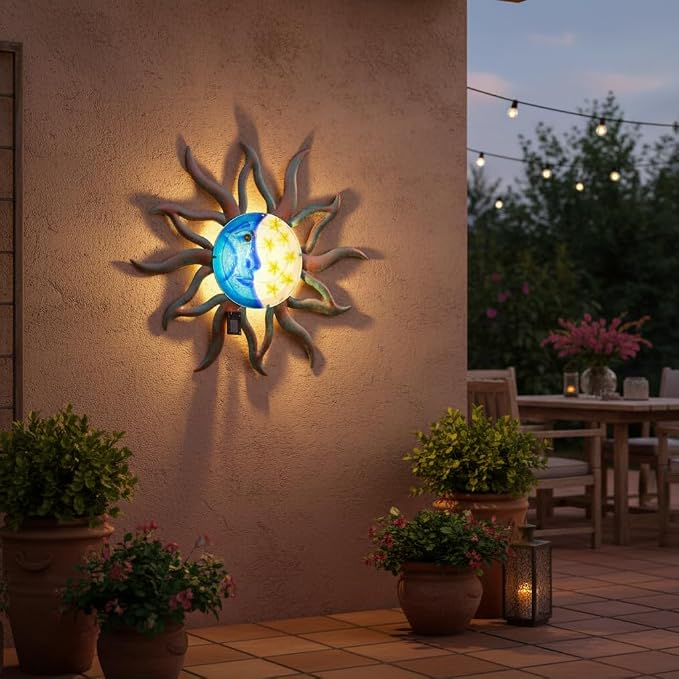 VEWOSTAR 29" Large Metal Sun and Moon Wall Art,3D Fence Wall Decor With with Solar Lights, Hanging Decoration for Patio Garden Yard,Gift Ideal for Mom