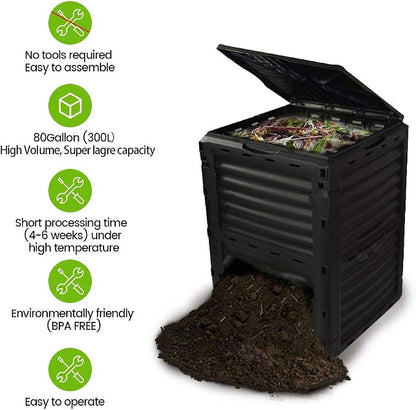 80 Gallon (300L) Large Capacity Static Compost Bin - Sturdy Outdoor Waste Composter with Easy-Access Hatch, Efficient Aeration System for Fast Organic Fertilizer Creation, Black