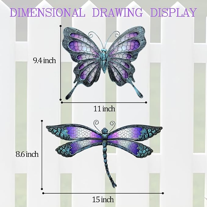 Metal Butterfly & Dragonfly Outdoor Wall Decor Art Set of 2 | Glass & metal wall sculptures, metal wall art for garden fence patio yard bedroom