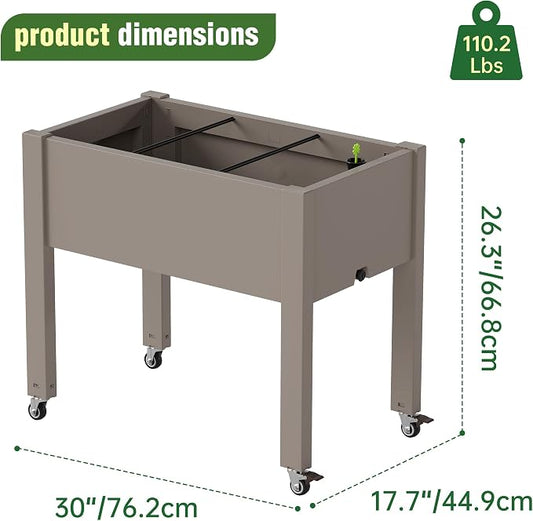 Elevated Raised Garden Bed with Wheels,Planter Box,Gray-26.3" h | Resin Planter Box with Drainage Holes, Water Monitor, Wheels for Garden Patio Backyard