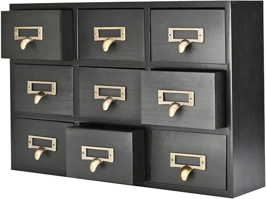 Flexzion Apothecary Cabinet with Drawers - 9 Vintage Drawers, Card Catalog Cabinet, Black Wooden Tabletop Desktop Organizer for Home Office, Jewelry, Makeup, Tools & Small Item Storage