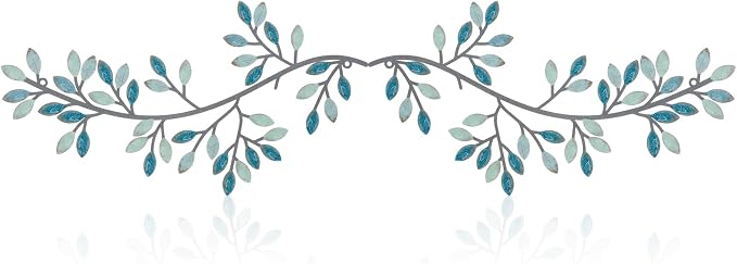 Hotop 2 Pieces Metal Tree Leaf Wall Decor Vine Olive Branch Leaf Wall Art Wrought Iron Scroll Sculptures Above the Bed, Living Room, Outdoor Decoration(Classic Style,Teal)