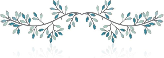 Hotop 2 Pieces Metal Tree Leaf Wall Decor Vine Olive Branch Leaf Wall Art Wrought Iron Scroll Sculptures Above the Bed, Living Room, Outdoor Decoration(Classic Style,Teal)