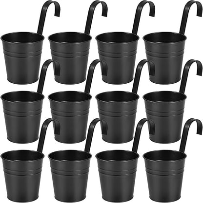 OBTANIM 12 Pack Metal Hanging Flower Pots Railing Planter Outdoor Fence Hanging Bucket Plant Holder with Detachable Hooks Drain Holes for Home Garden Yard Decor (Black, 4 x 4 Inch)