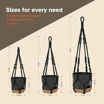 Green Hanging Self Watering Pots with Macrame Ivory Rope, 3 Pack Indoor & Outdoor Hanging Plant Pots with Built-in Reservoir, Wick Rope, Drainage Holes & Hooks, Stylish Boho Decor Hanging Planter
