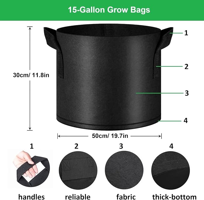 ANSLYQA 15-Gallon Grow Bags, (10 Pack) Thickened Aeration Fabric Growing Pots Planters with Handles for Planting Vegetables Plants, Black