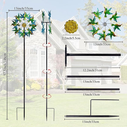 Viveta Wind Spinners for Yard and Garden, Hummingbird Wind Spinners | 57.5" Double Wind Spinner with Metal Stake, Yard Art Decor for Patio Lawn Garden