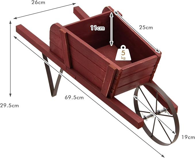 S AFSTAR Wood Wheelbarrow Planter, Flower Plant Pot Wheelbarrow Cart w/Metal Wheel & 9 Replaceable Magnet Accessories, Wooden Wagon Planter Wheelbarrow Decor for Outdoor Garden Backyard (Red)