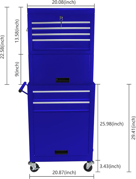 6-Drawer Tool Chest, Detachable Top Box for Garage, Blue | Rolling Mobile Storage Cabinet Organizer with Lockable Wheels for Workshop Utility, Heavy Duty Metal Construction