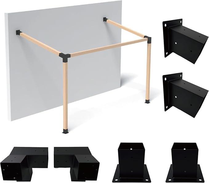 15° Slanted Roof Wall Mounted Pergola Bracket Kit 4x4, Including 2 Wall Bases, 2 105 ° 3-Way and 2 Bases, Angled 4x4 Wooden Beams Lumber Gazebos Patio Pergola Sheds Lean to Porch Roof