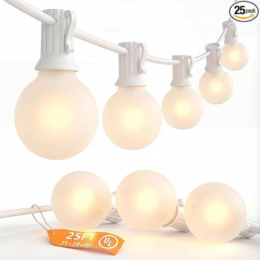 SUNSGNE 25FT G40 LED Outdoor White String Lights with 27 White Solid Shatterproof Globe Bulbs (2 Spare), Outdoor Hanging Edison Lights for Room Café Bistro Pergola Tents, White Wire
