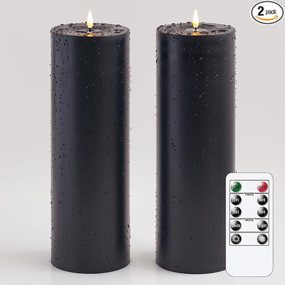 Waterproof 4" x 12" Flameless LED Remote Candles, Battery Operated Flickering Fake Timer Pack of 2 Tall Large Plastic Black Pillar Lasting 420 Hrs Outdoor Candles for Halloween Festival
