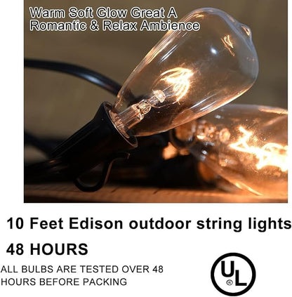 Abeja ST38 10Ft String Lights with 10 Clear Vintage Light Bulbs(1 Spare), E12 Scoket Base, UL Listed for Outdoor Indoor Party Porch Patio Decor, Black