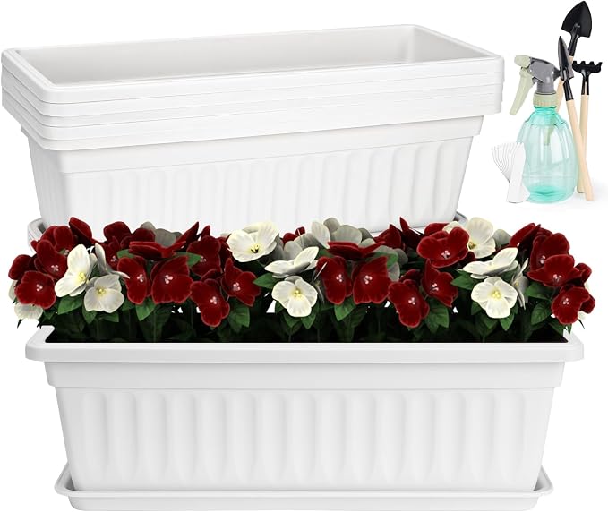 HOXHA 6 Pack Window Box Planter, 17 Inches Vegetable Flower Plastic Planter Boxes with Tray, Rectangular Planter Indoor and Outdoor Flower Pots for Windowsill, Patio, Porch, Garden Balcony, White