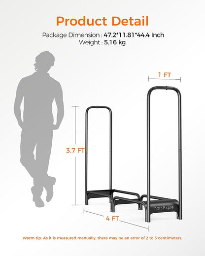 Firewood Rack，4ft Heavy Duty Fire Wood Storage Racks for Indoor Outdoor，Metal Log Holders for Firewood，Fireplace Wood Pile Storage Stacker Organizer, Black