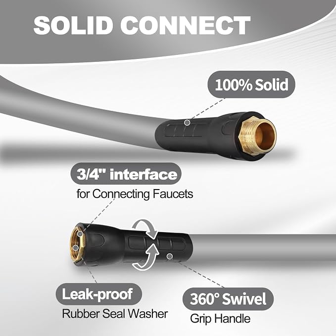 YOTOO Heavy Duty Hybrid Garden Water Hose 5/8-Inch by 100-Feet 150 PSI Kink Resistant, Flexible with Swivel Grip Handle and 3/4" GHT Solid Brass Fittings, Gray