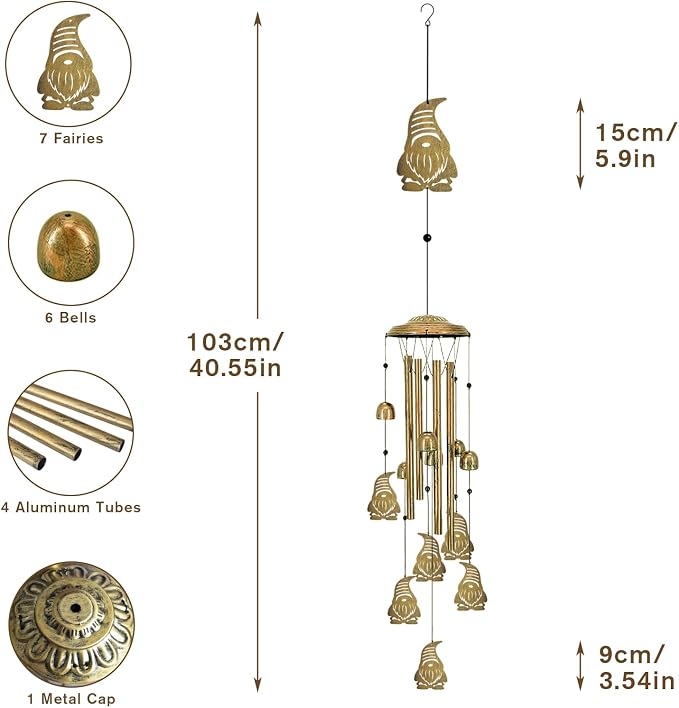 Wind Chimes for Outside, Gnome Metal Tube Chime with S Hook Garden Decor | Birthday Gifts for Women, Outdoor Wind Chimes Windchimes Outdoors, Waterproof Decor for Porch Lawn Garden