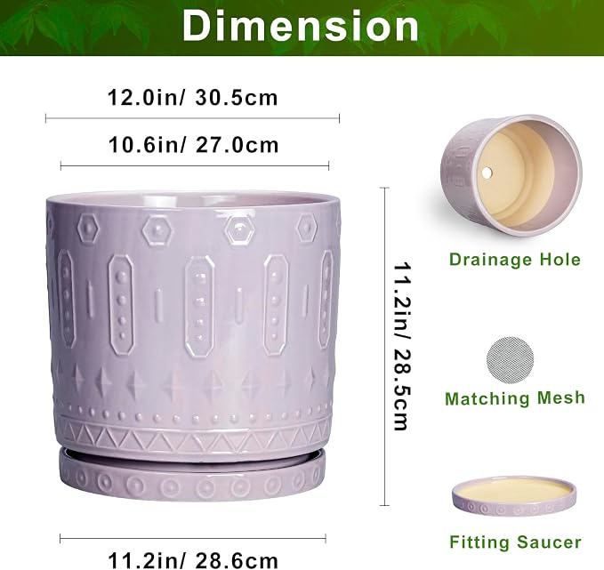 Eightpot Ceramic Plant Pots, 12 Inch Pots for Plants Indoor Outdoor, Round Planter with Drainage Hole and Tray, Modern Decorative Flower Pot, Home Apartment Decor, House Warming Gifts, Purple