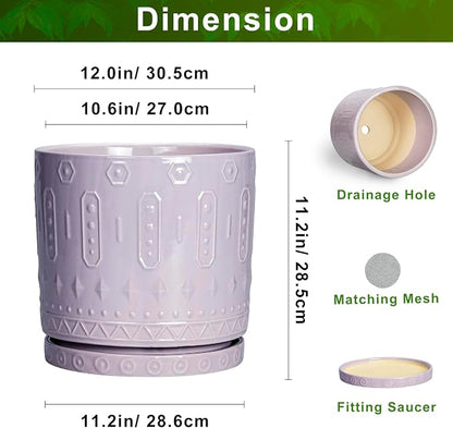 Eightpot Ceramic Plant Pots, 12 Inch Pots for Plants Indoor Outdoor, Round Planter with Drainage Hole and Tray, Modern Decorative Flower Pot, Home Apartment Decor, House Warming Gifts, Purple