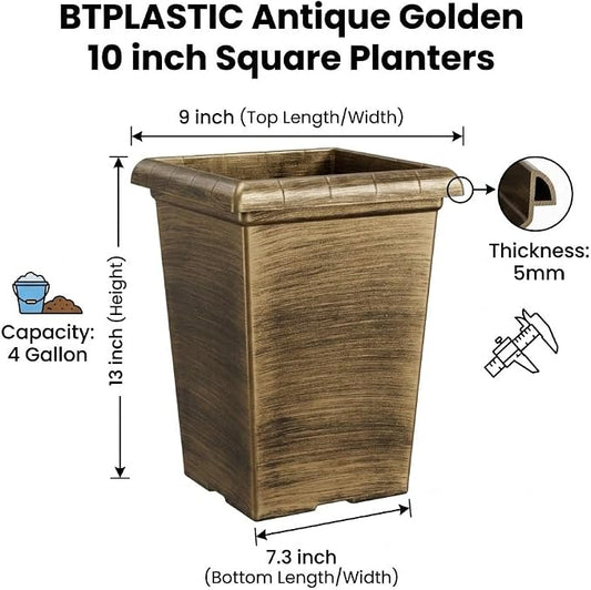 Tall Outdoor Square Planter - 4 Pack 10 Inch Vintage Gold Faux Metal Plant Pot with Drainage Holes & Raised Feet, 13" H Deep Root Plastic Flower Pots for Indoor Outdoor Plants, Trees, Roses