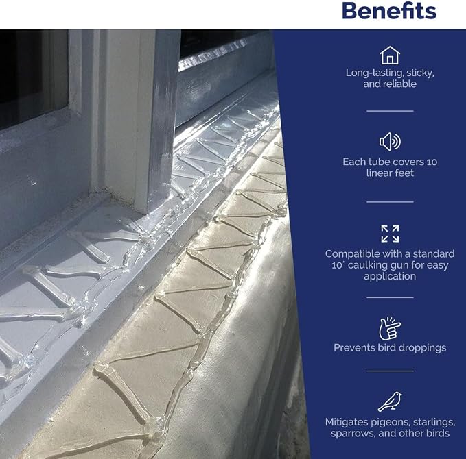 Bird-X Bird Repellent Gel, Sticky Texture, Clear, 10 Fl. Oz., Pack of 1 | For Ledges and Windowsills, Low-Profile, Discreet, Applies with Caulk Gun, Each Tube Covers 10 Feet Pigeons