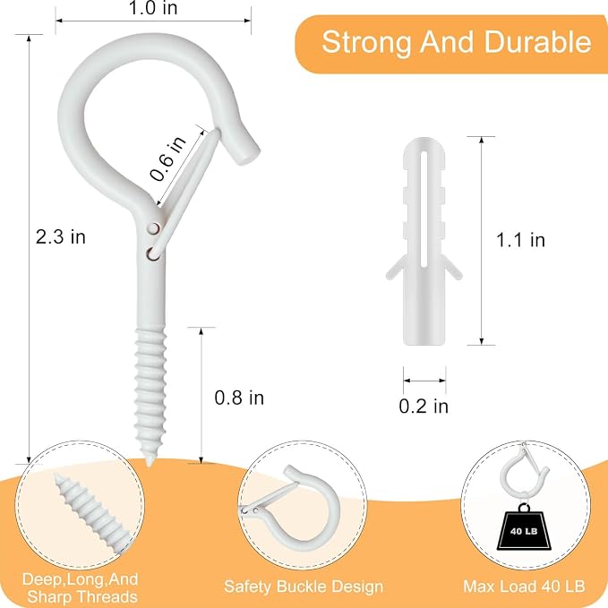 Black Screw Hooks with Safety Lock 2.3" Rustproof Metal Ceiling Hooks for Hanging Plants, Baskets,String Lights & Outdoor Decor, 40LB Capacity (40, White)