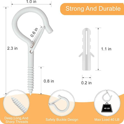 Black Screw Hooks with Safety Lock 2.3" Rustproof Metal Ceiling Hooks for Hanging Plants, Baskets,String Lights & Outdoor Decor, 40LB Capacity (40, White)