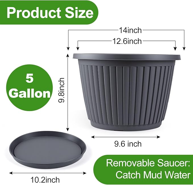 14-inch-Large-Planters-for-Outdoor-Plant，Plastic Indoor Flower Pots with Drainage Holes & Saucer，4 Packs Decorative Garden Pots for Plantfor Home Porch Decor