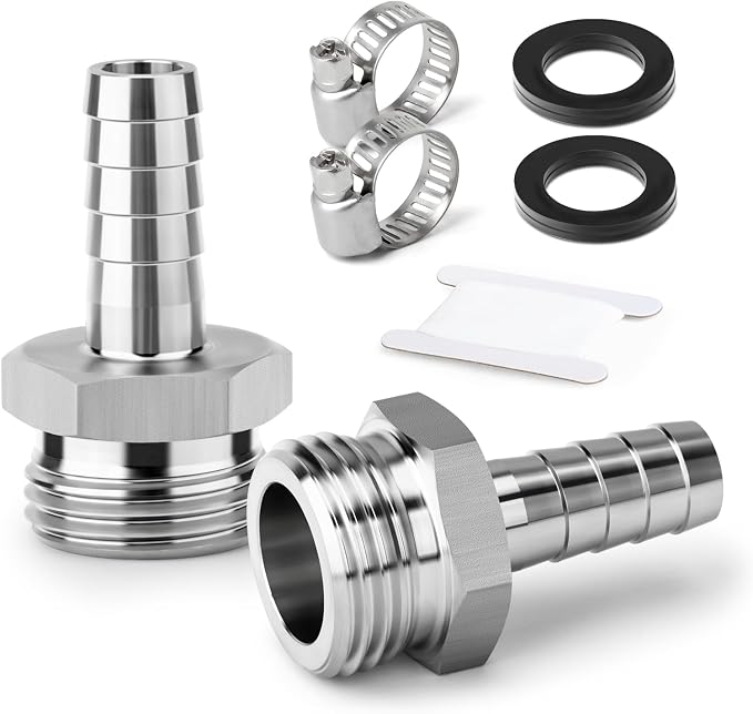 TAISHER 2PCS 304 Stainless Steel Garden Hose Repair Connector, 1/4" Barb x 3/4" GHT Male Garden Hose Adapter with Hose Clamps