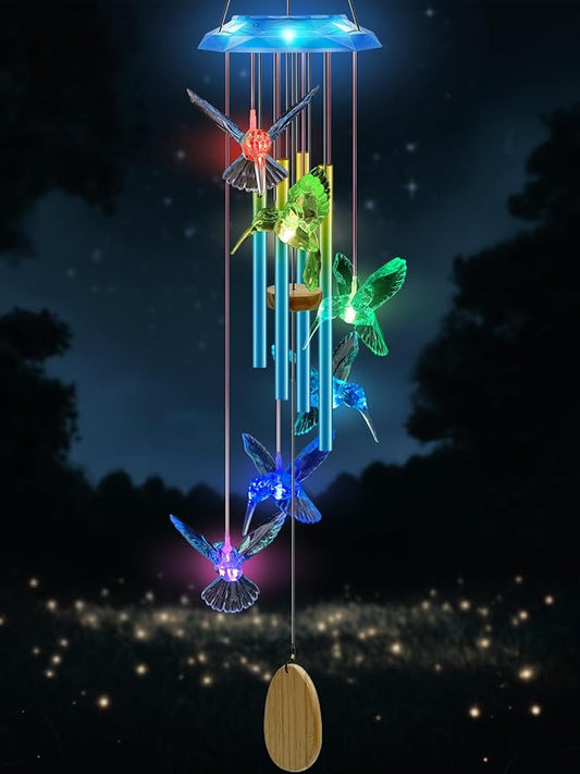 Wind Chimes,Hummingbird Solar Wind Chimes for Outside,Blue Gradation Aluminum Tubes Deep Tone Memorial Wind Bell for Garden/Patio Mobiles Decorative Gifts for Mom, Wife, Grandma Neighbors(37" Long)
