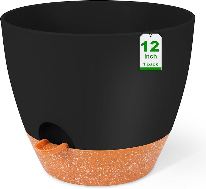 GARDIFE 12 inch planters, Plant Pots,Self Watering Pots, Large Plastic Flower pots with Deep Reservior and High Drainage Holes for Indoor Outdoor Plants and Flowers, Black