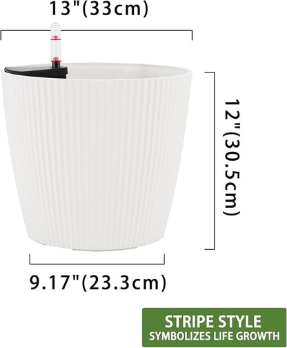 Dexceder 13x12 Self Watering Planters Indoor (2 Pack, White) | Inner Mat Design, Floor Standing Flower Plant Pot with Water Level Indicator