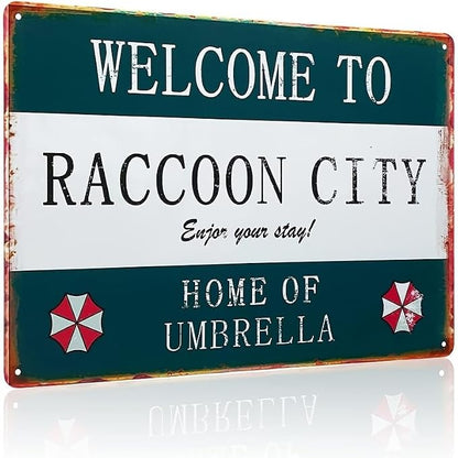Welcome to Raccoon City's Vintage Metal Tin Signboard - Umbrella Company Home Décor, Durable Iron Construction, 12x8 Inches