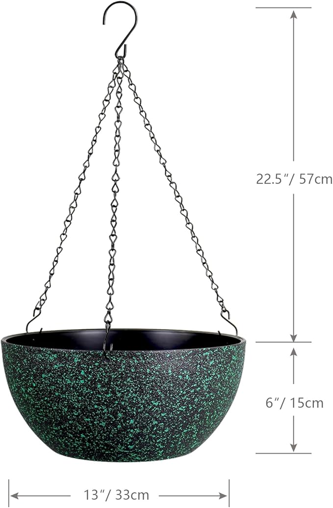 WSMKSZ 13inch Large Hanging Planters Pots for Outdoor Indoor Plants with Drainage Holes and Chain, 2pack Round Hanging Flower Pots for Garden Home Porch Decor, Black with Green Speckles