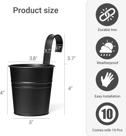 Dahey 10 Pcs 3.8 Inches Small Hanging Flower Pots Metal Iron Bucket Planter for Railing Fence Balcony Garden Home Decoration Flower Holders with Detachable Hooks, Black
