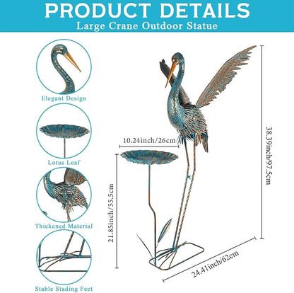 Large Heron Outdoor Statues with Leaf Tray | Waterproof Crane Garden Statue for Outside, Elegant Metal Crane Yard Art Garden Decor for Garden Yard, Porch
